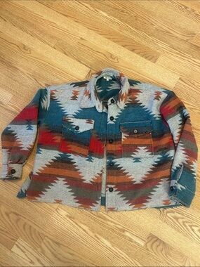 LA MIEL Aztec-Pattern Shirt Jacket in Teal, Rust & Gray Shacket